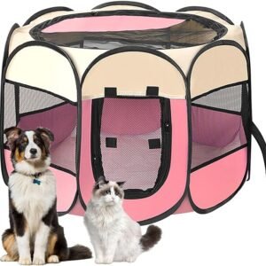 Tragbarer Welpenauslauf,Welpenlaufstall Hundebox Faltbar Katzengehege,Wasserdichtes Oxford-Tuch Laufstall Hund,Katzenkäfig Hundekäfig für Katzen,Hunde,Kaninchen (Rosa, S, 8)